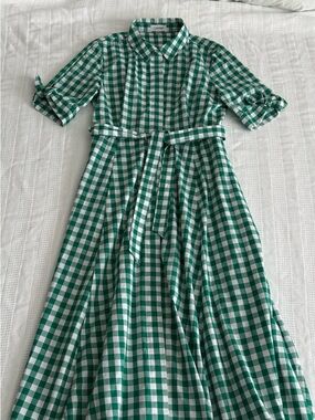 Calvin Klein Green and White Gingham Dress with Waist Tie Size 10